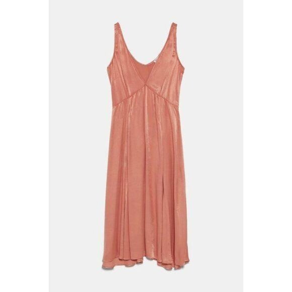 Zara Dusty Pink Satin Plunge V-Neck A-Line Dress Wide Straps Rounded Back - Picture 7 of 8